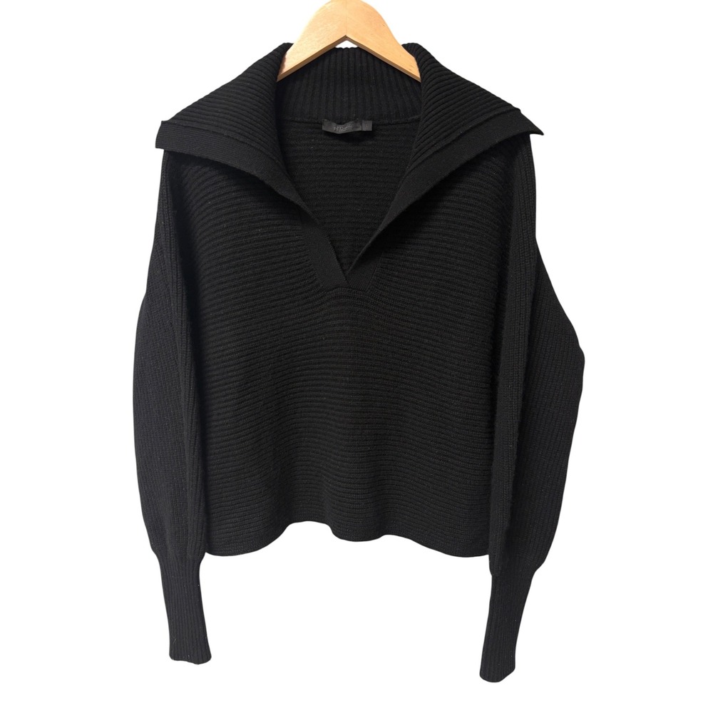Raffi Snow 100% Cashmere Open Neck Sweater Womens L Black Luxury‎ Minimalist EUC